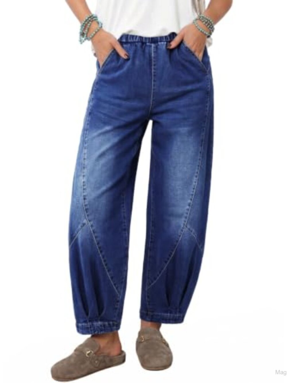 High Waisted Baggy Barrel Wide Leg Stretch Jeans Ankle Length